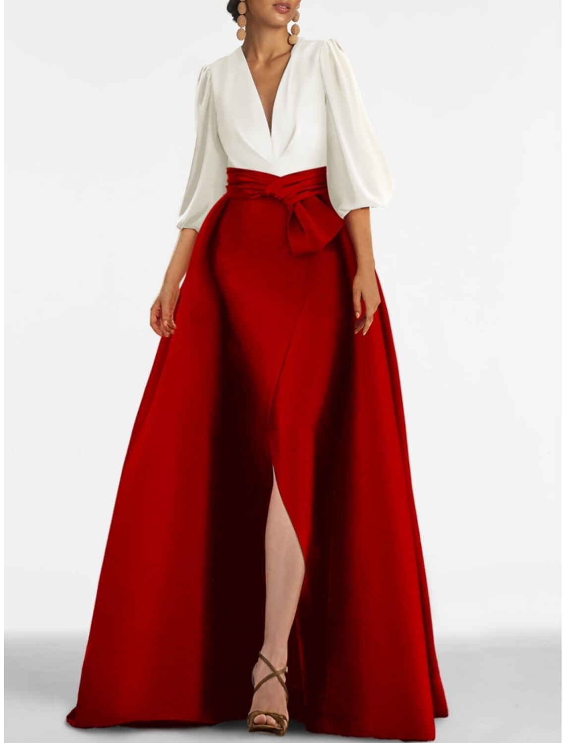 Abito da sera a trapezio, elegante, formale, con strascico a spazzola, mezza manica, scollo a V, in raso con fiocco/fiocchi, pieghe e spacco 2025